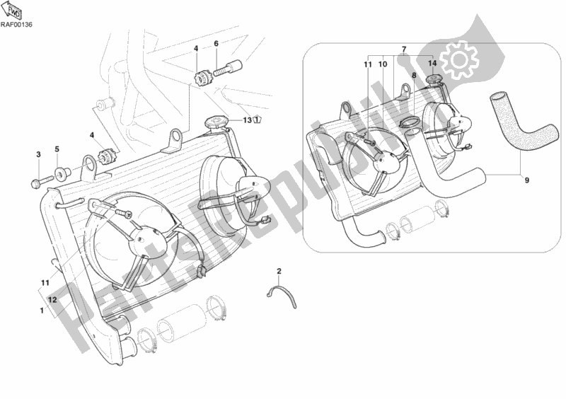 Alle onderdelen voor de Waterkoeler van de Ducati Superbike 999 USA 2005